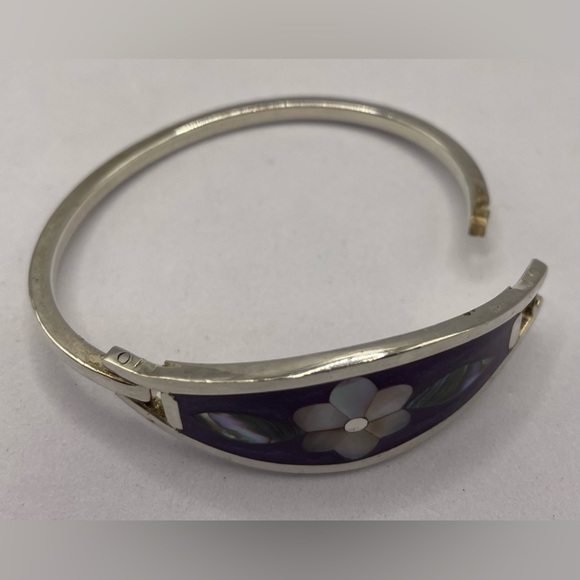 Vintage Signed Alpaca Mexico Silver Inlaid Flower Bangle Bracelet Child - Picture 8 of 9